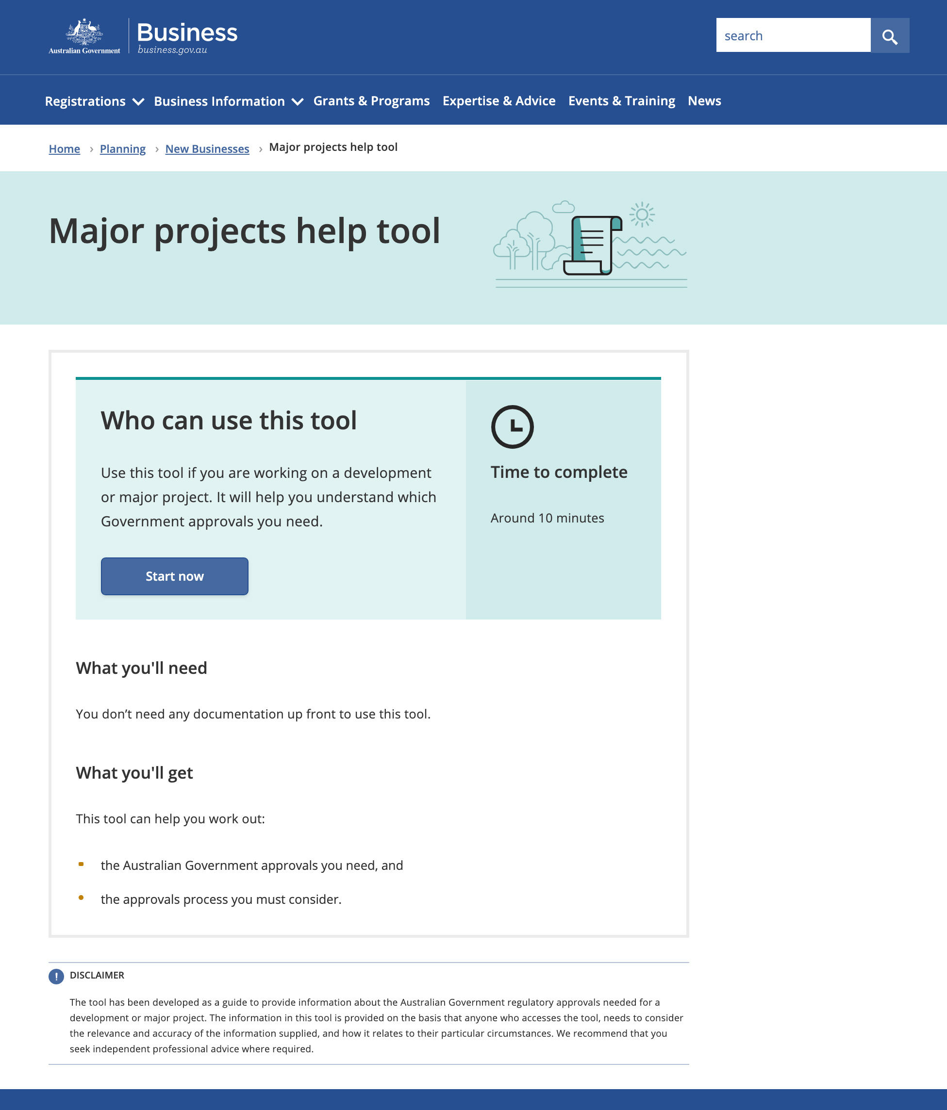 Home page of the Major Projects Help Tool