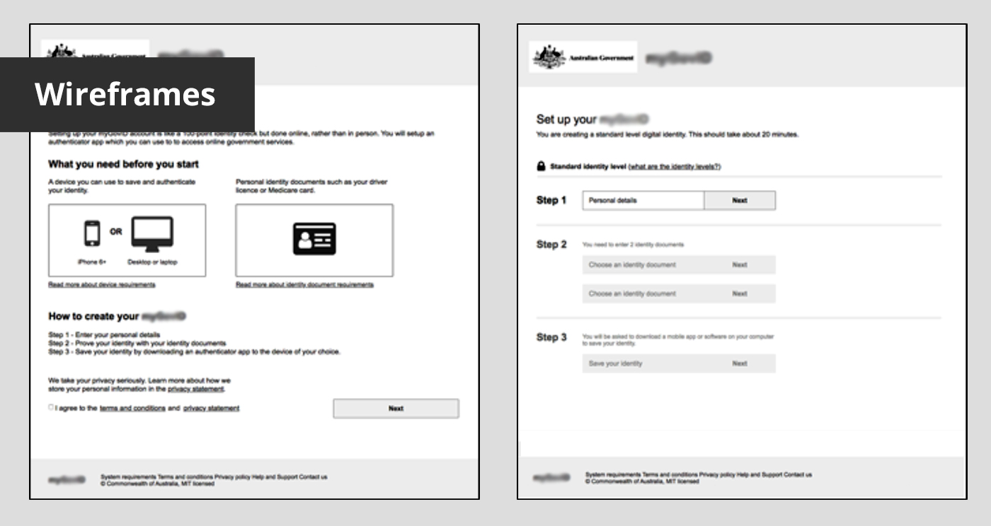 Low fidelity wireframes of the authentication process