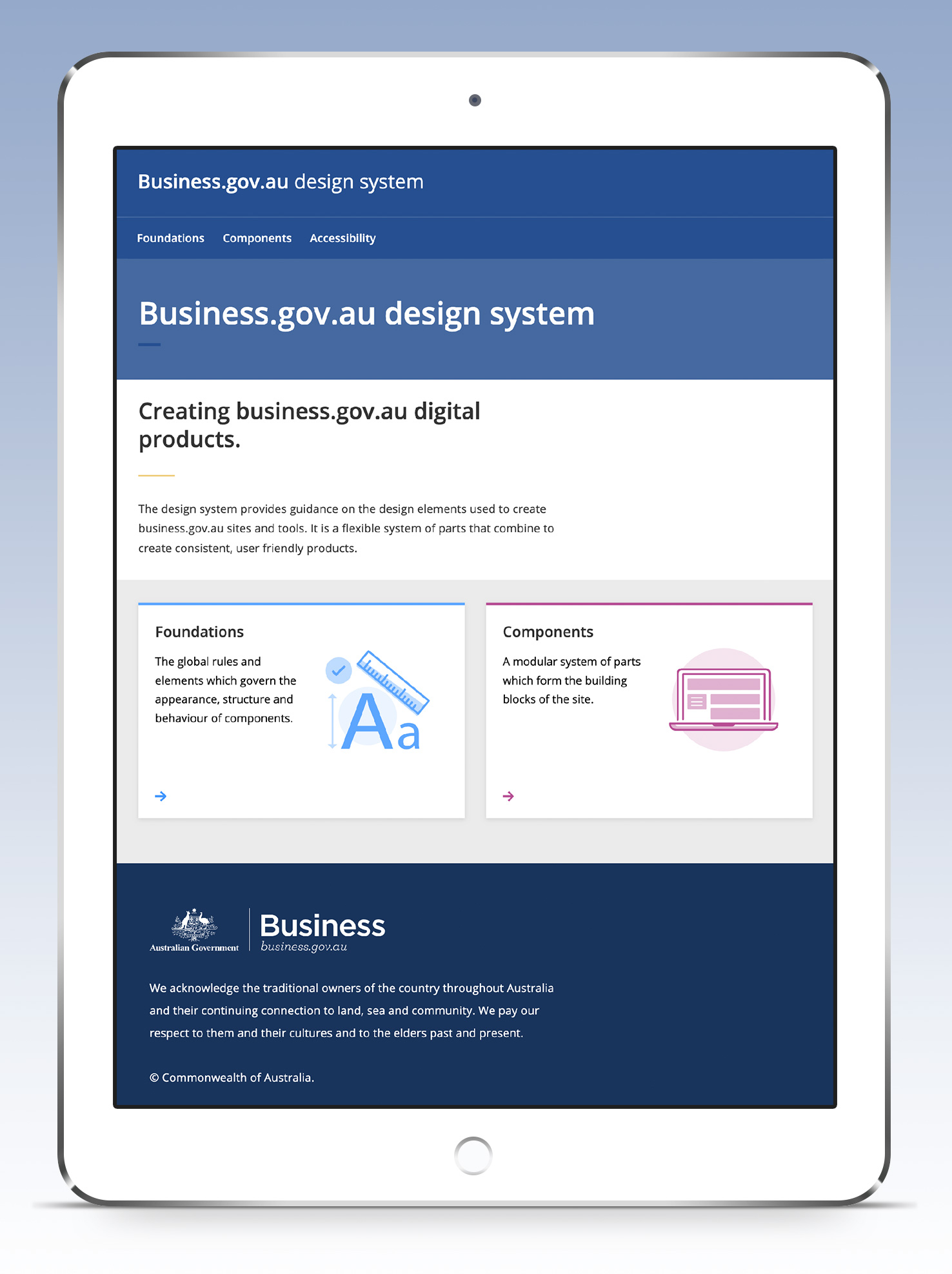 An ipad showing the BGA design system home page