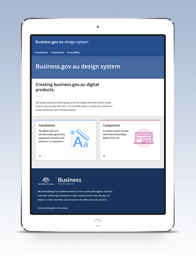 An ipad displaying the BGA design system homepage