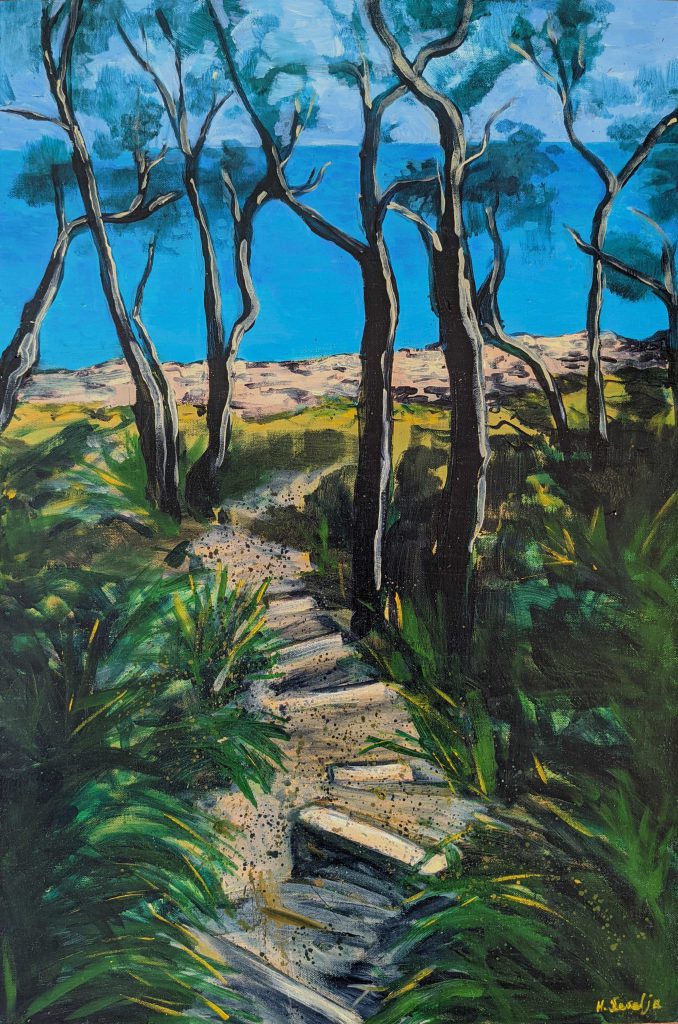Painting of a path leading through trees with the ocean beyond.