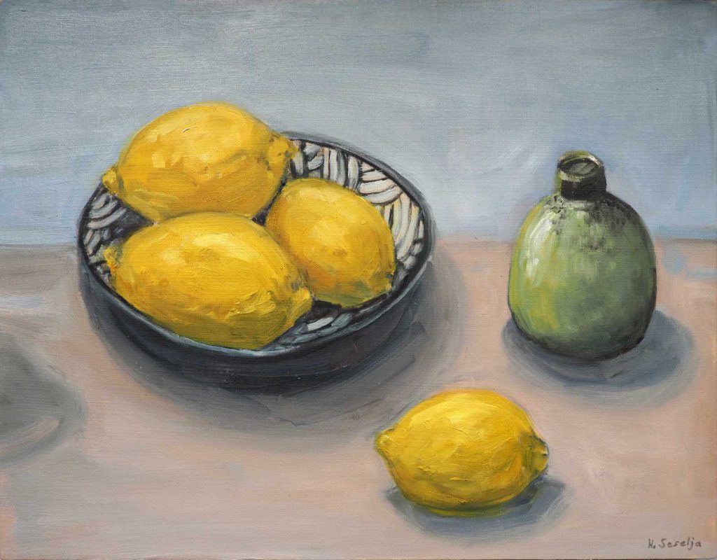Oil painting of lemons with a green vase.