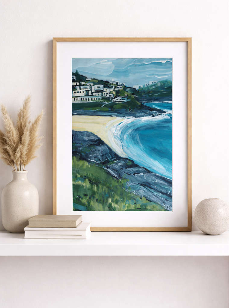 Coastal landscape painting showing a grassy path, rocky shoreline, and calm blue water with distant hills along the Sydney coastline.