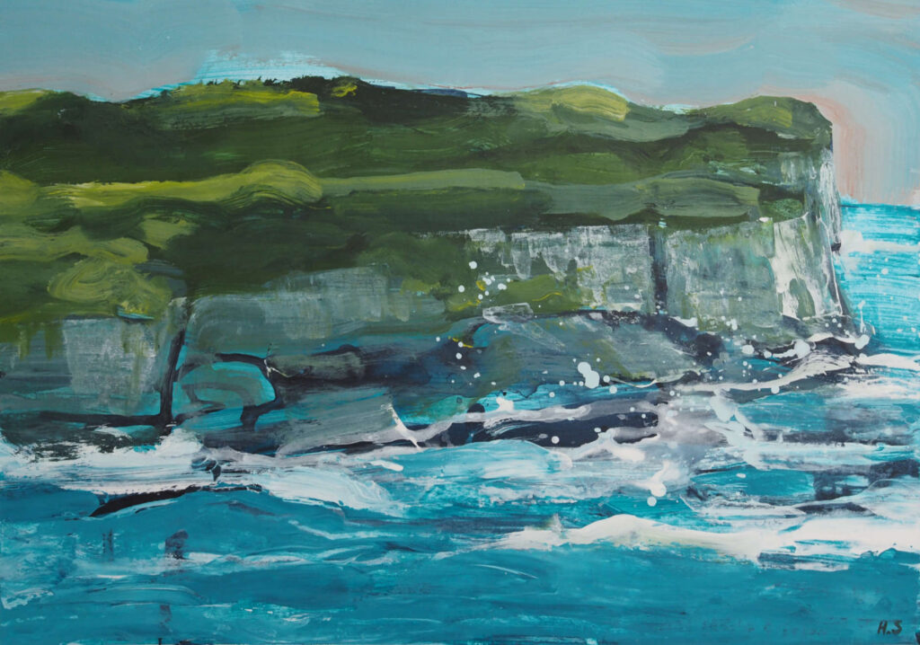 Painted with a focus on movement and energy, where the solidity of the land meets the constant motion of the sea. Waves break against the headland in layered blues and greens, captured through bold, expressive brushstrokes.
