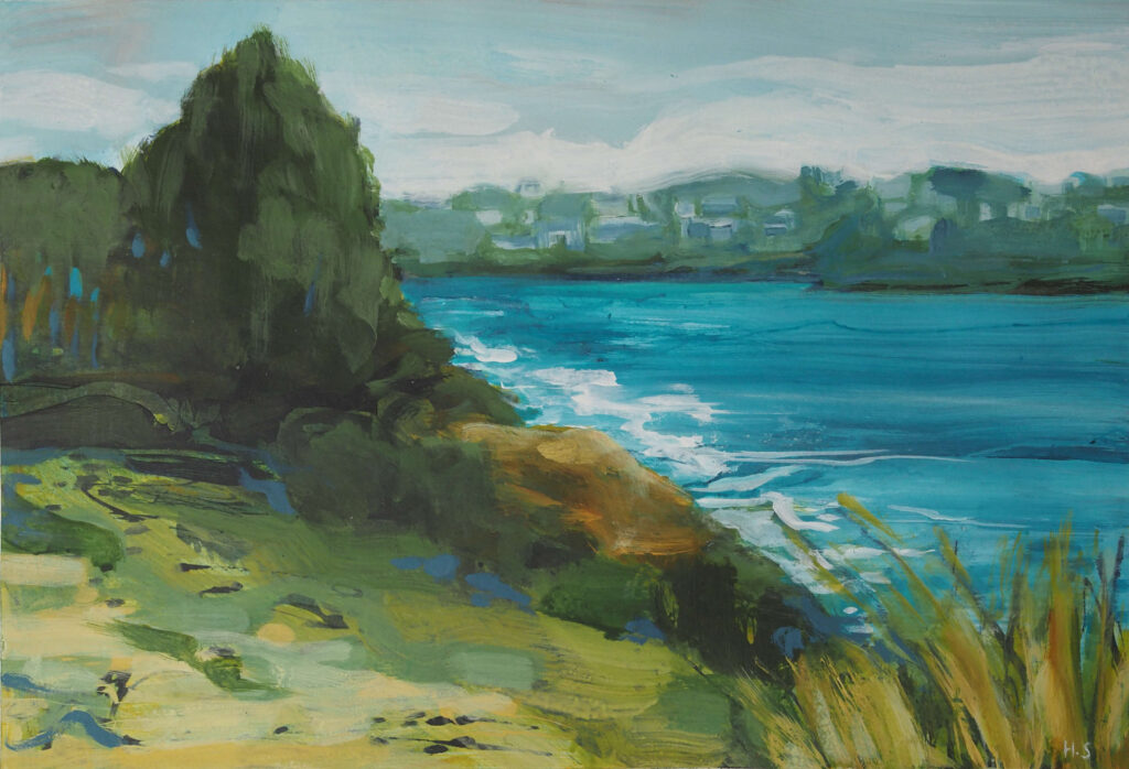 Coastal landscape painting showing a grassy path, rocky shoreline, and calm blue water with distant hills along the Sydney coastline.