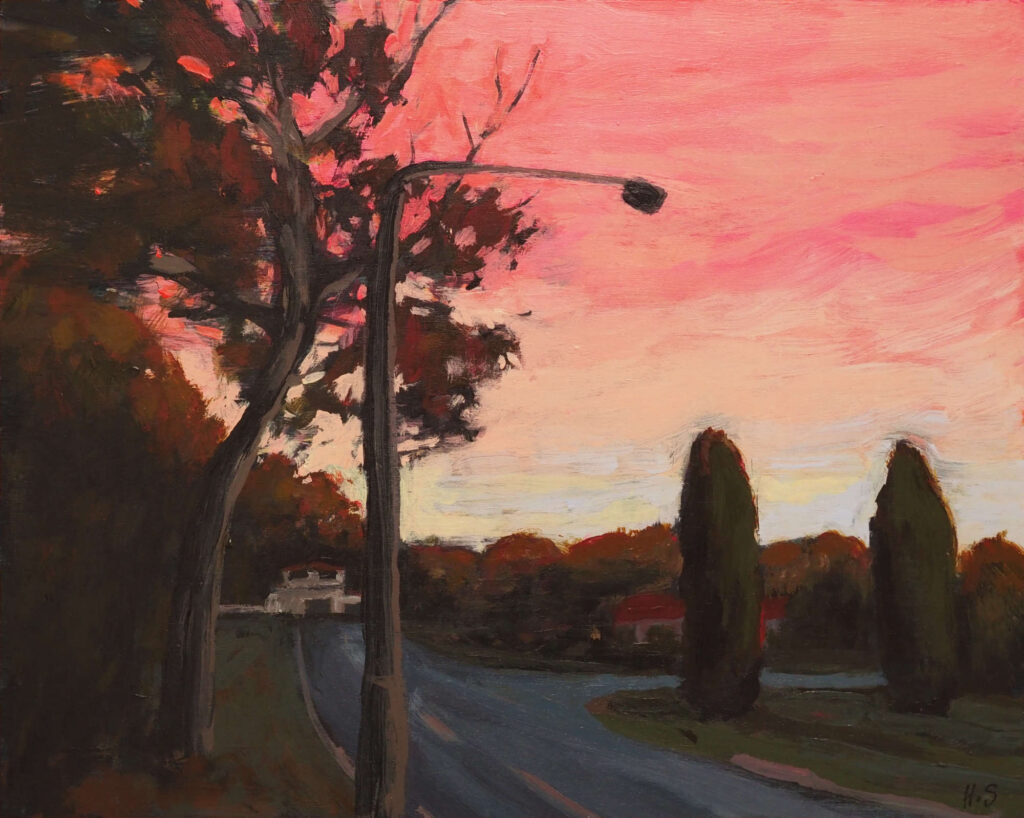 Acrylic painting of a suburban street at sunset, with dark trees and a vibrant pink sky casting warm colour across the landscape.