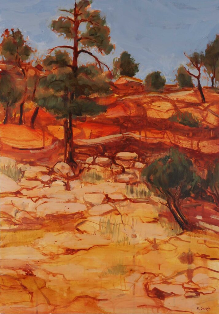 An expressive acrylic painting of the rocky landscape at Gundabooka National Park. Brilliant reds, oranges and ochres dominate the scene, with scattered gum trees, shrubs and pale sandstone outcrops beneath a soft blue sky. Loose brushwork and flowing lines create an impression of heat, light and the rugged Australian landscape.