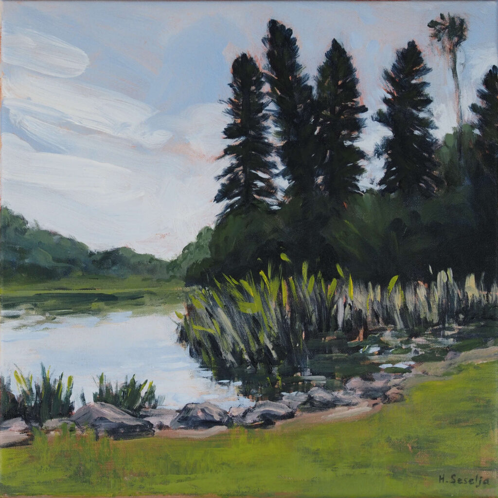 An expressive acrylic painting of a quiet pond bordered by reeds and tall araucaria trees. The dark, upright silhouettes of the trees contrast with a pale blue sky and the reflective water. Rocks and green grass frame the foreground, creating a peaceful landscape with loose, painterly brushwork.