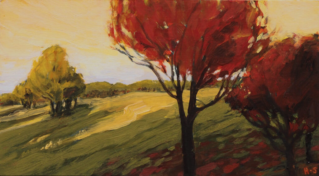 An expressive acrylic painting of an autumn landscape at sunset. Bright red trees fill the foreground, contrasting with golden grass, green hills and a pale yellow sky. Long shadows and loose brushstrokes create a warm sense of late afternoon light on a crisp autumn day.