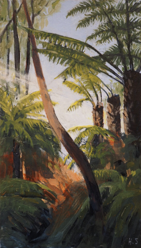 An expressive acrylic painting of a lush rainforest gully in the Australian National Botanic Gardens. Large tree ferns and palms frame the composition, with sunlight filtering through layers of green fronds against a pale sky. Dark foreground foliage contrasts with the bright canopy, creating a cool, sheltered atmosphere.