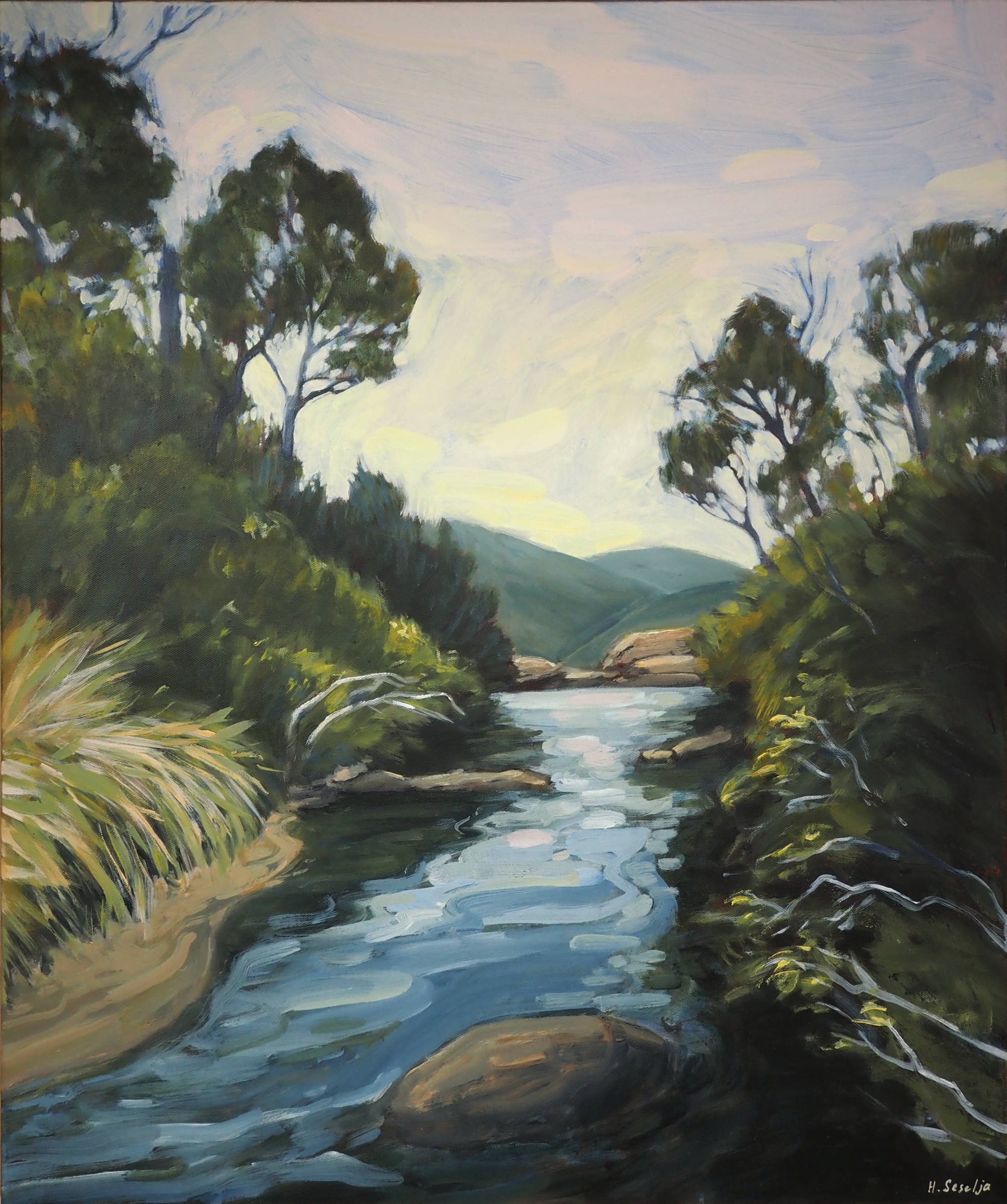 An expressive acrylic painting of a bush creek above Gibraltar Falls, surrounded by dense green vegetation and eucalyptus trees. Blue water winds between rocks towards soft blue-green hills in the distance beneath a pale, luminous sky.