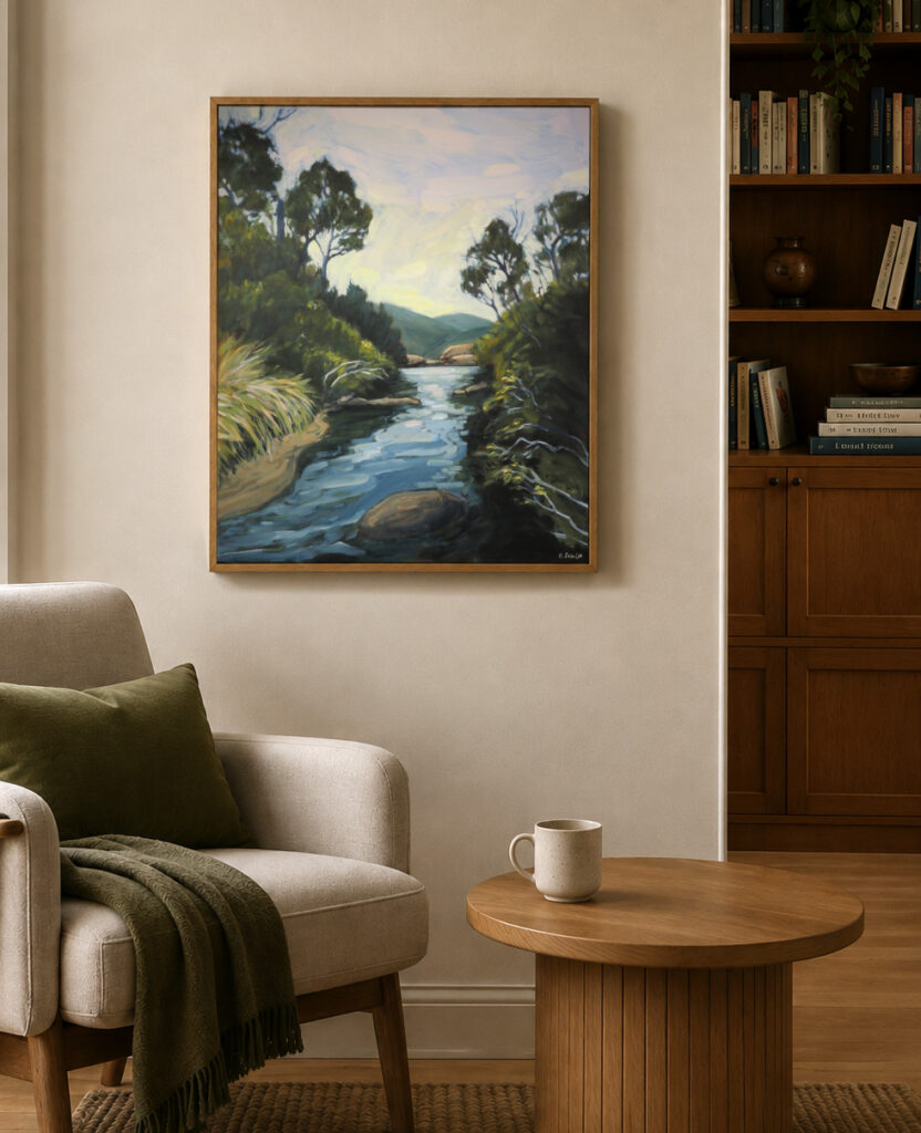 Above Gibraltar falls - acrylic painting on canvas hanging on a wall above an armchair and a coffee table.